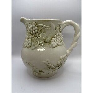 EURO CERAMICA, INC  Vintage "Grape Leaf & Vines" White & Green Pitcher